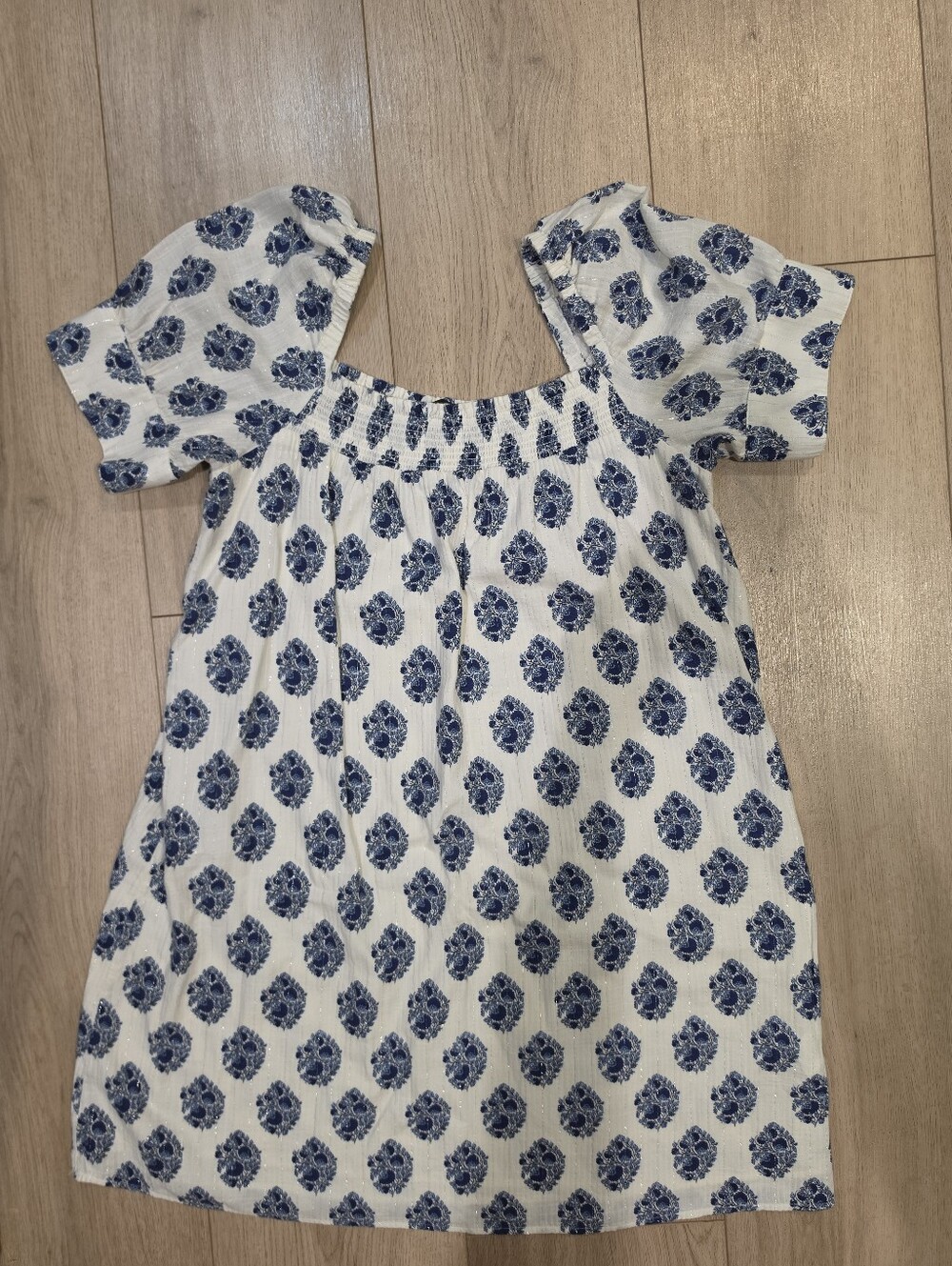 J.Crew Re-Imagined Blue White Floral Puff Sleeve Smocked Mini Dress Size L
